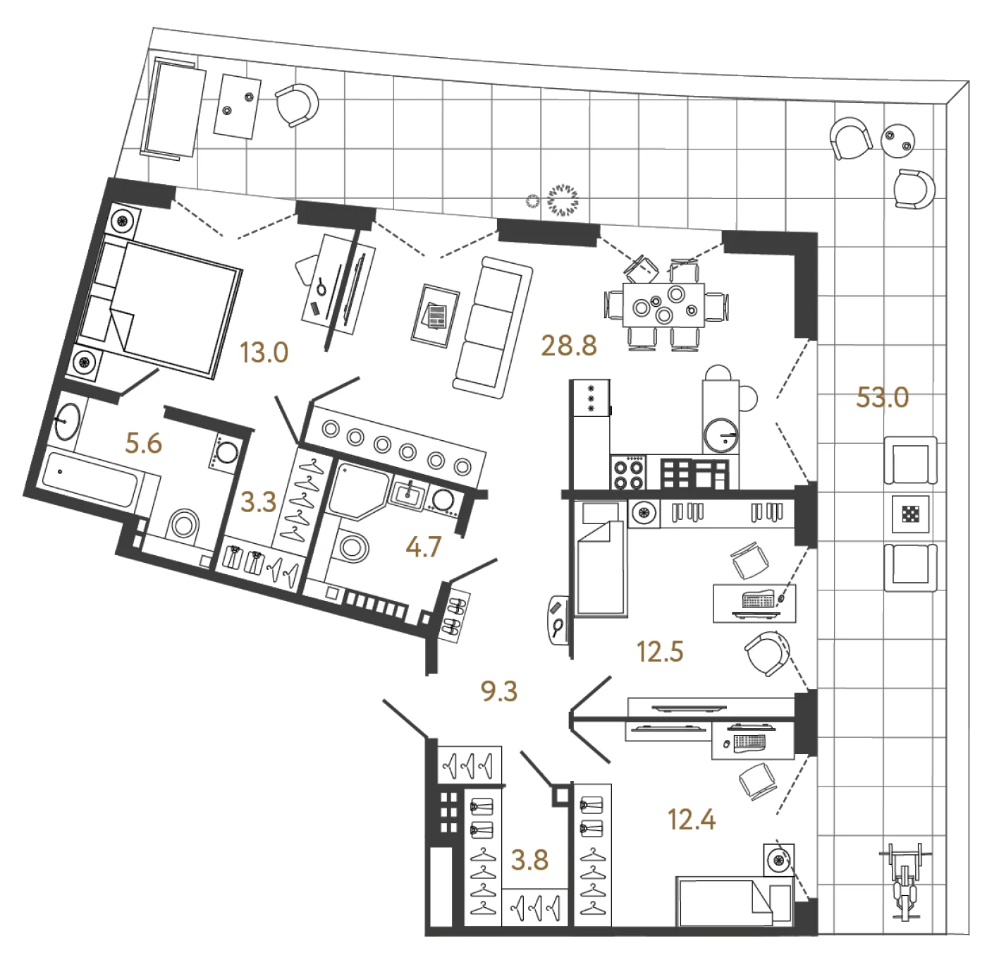 Планировка 3-комнатная 93,4 м² в клубном доме «МИРЪ» — Клубный дом «МИРЪ»