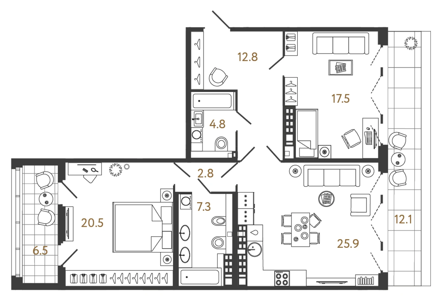 Планировка 2-комнатная 91,6 м² в клубном доме «МИРЪ» — Клубный дом «МИРЪ»