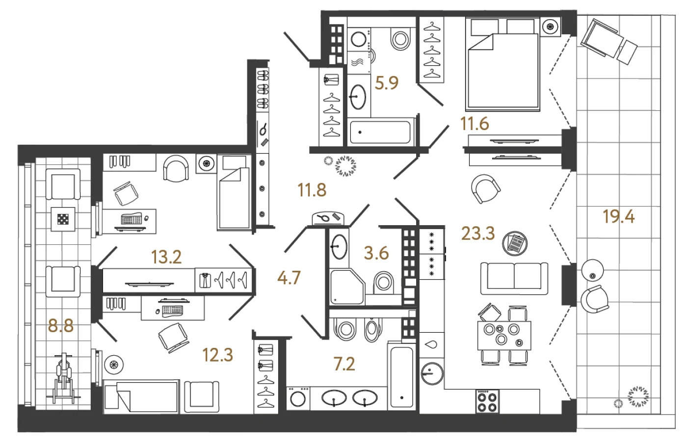Планировка 3-комнатная 93,6 м² в клубном доме «МИРЪ» — Клубный дом «МИРЪ»