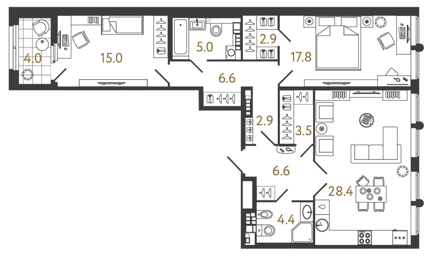 Планировка 2-комнатная 93,1 м² в клубном доме «МИРЪ» — Клубный дом «МИРЪ»