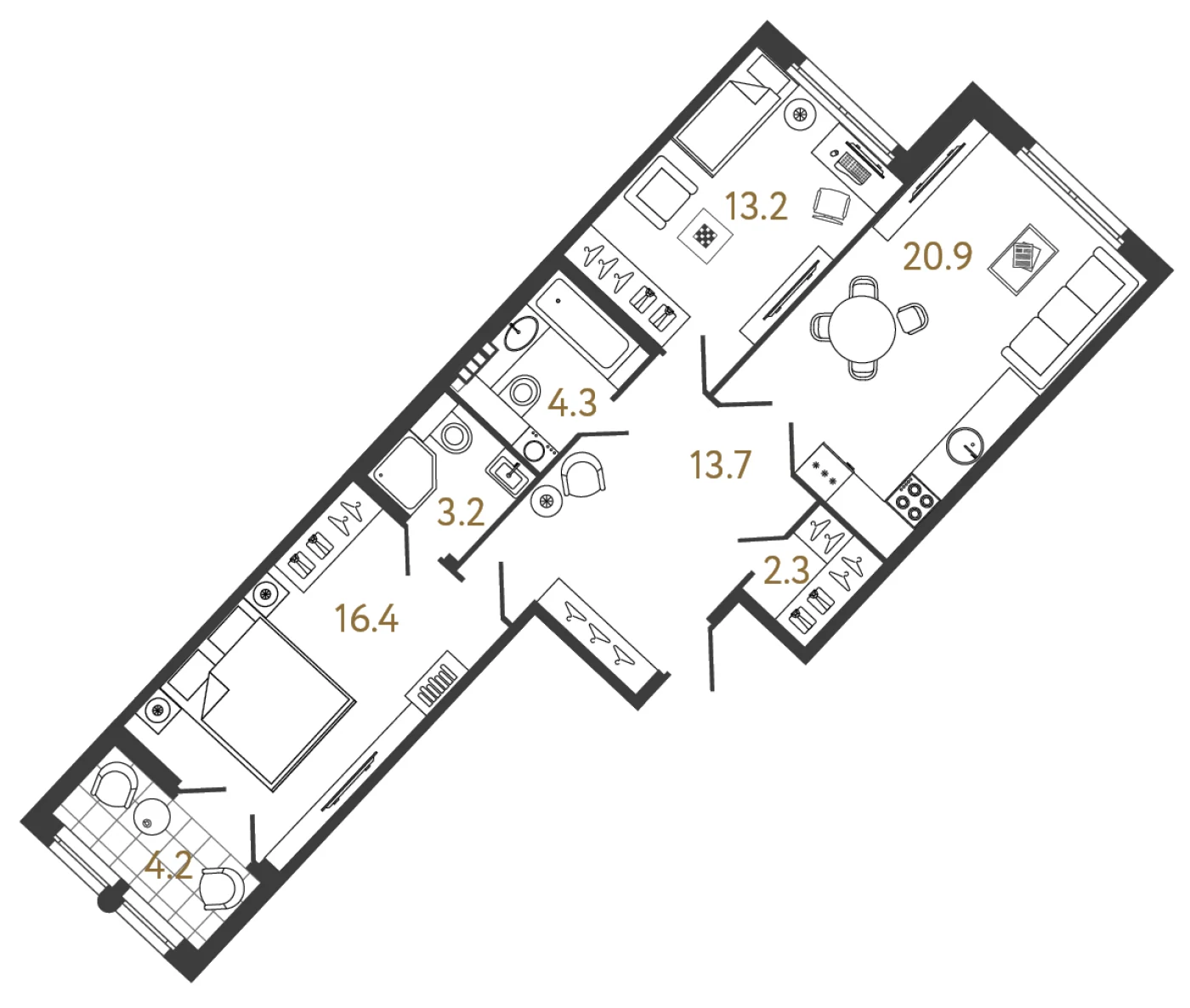 Планировка 2-комнатная 74 м² в клубном доме «МИРЪ» — Клубный дом «МИРЪ»