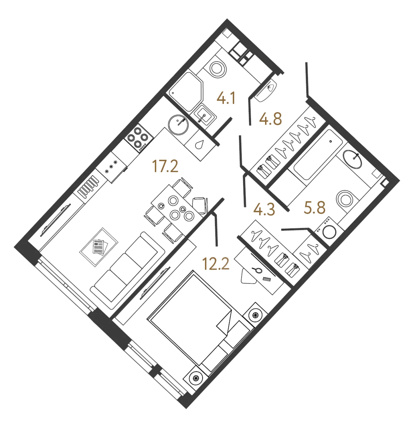 Планировка 1-комнатная 48,4 м² в клубном доме «МИРЪ» — Клубный дом «МИРЪ»