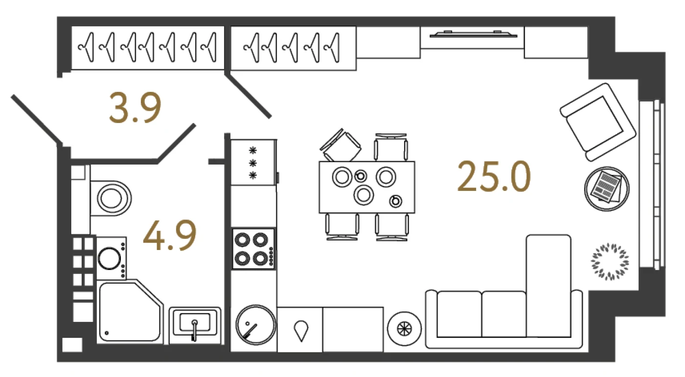 Планировка студия 33,8 м² в клубном доме «МИРЪ» — Клубный дом «МИРЪ»