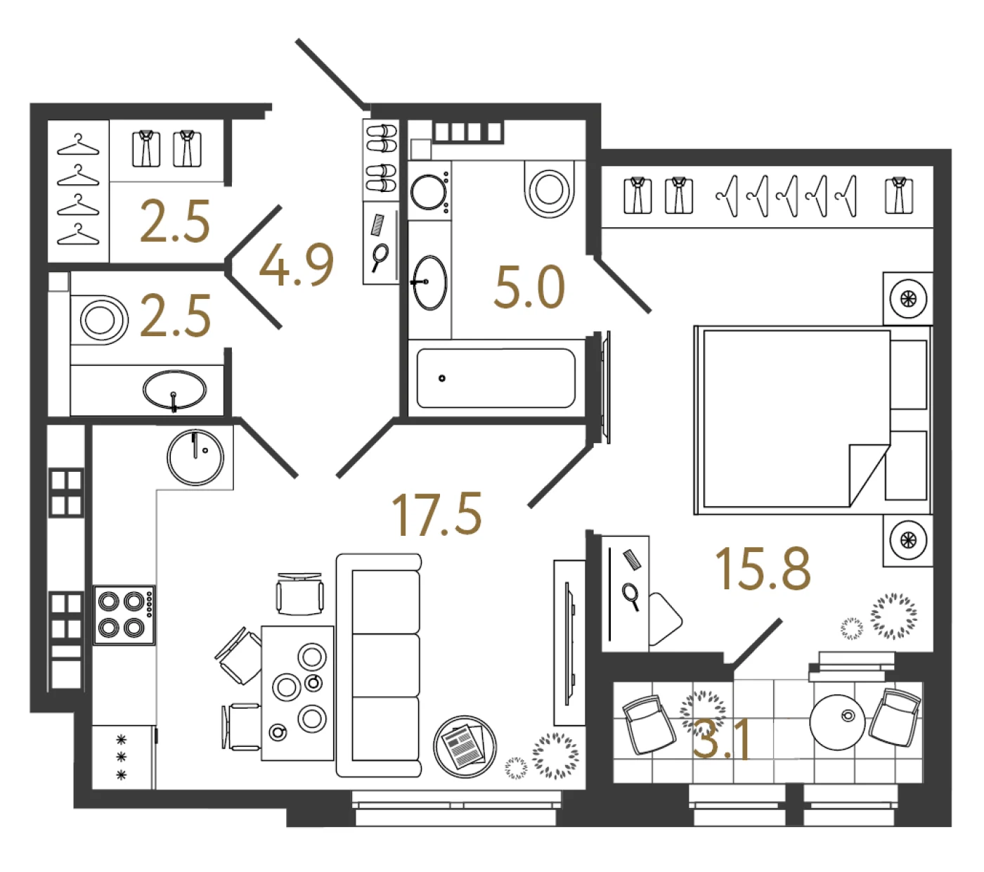 Планировка 1-комнатная 48,2 м² в клубном доме «МИРЪ» — Клубный дом «МИРЪ»