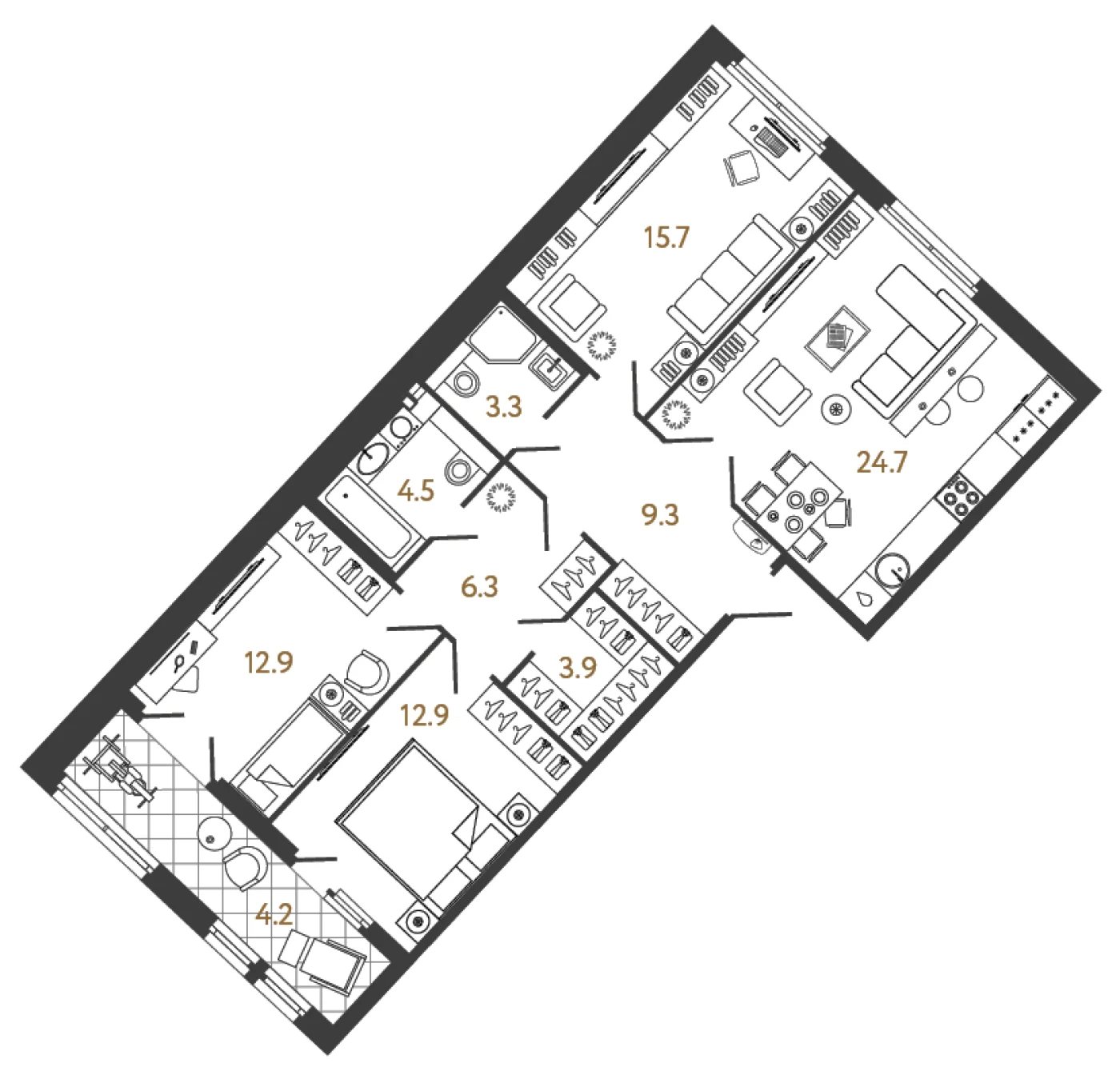Планировка 3-комнатная 93,6 м² в клубном доме «МИРЪ» — Клубный дом «МИРЪ»