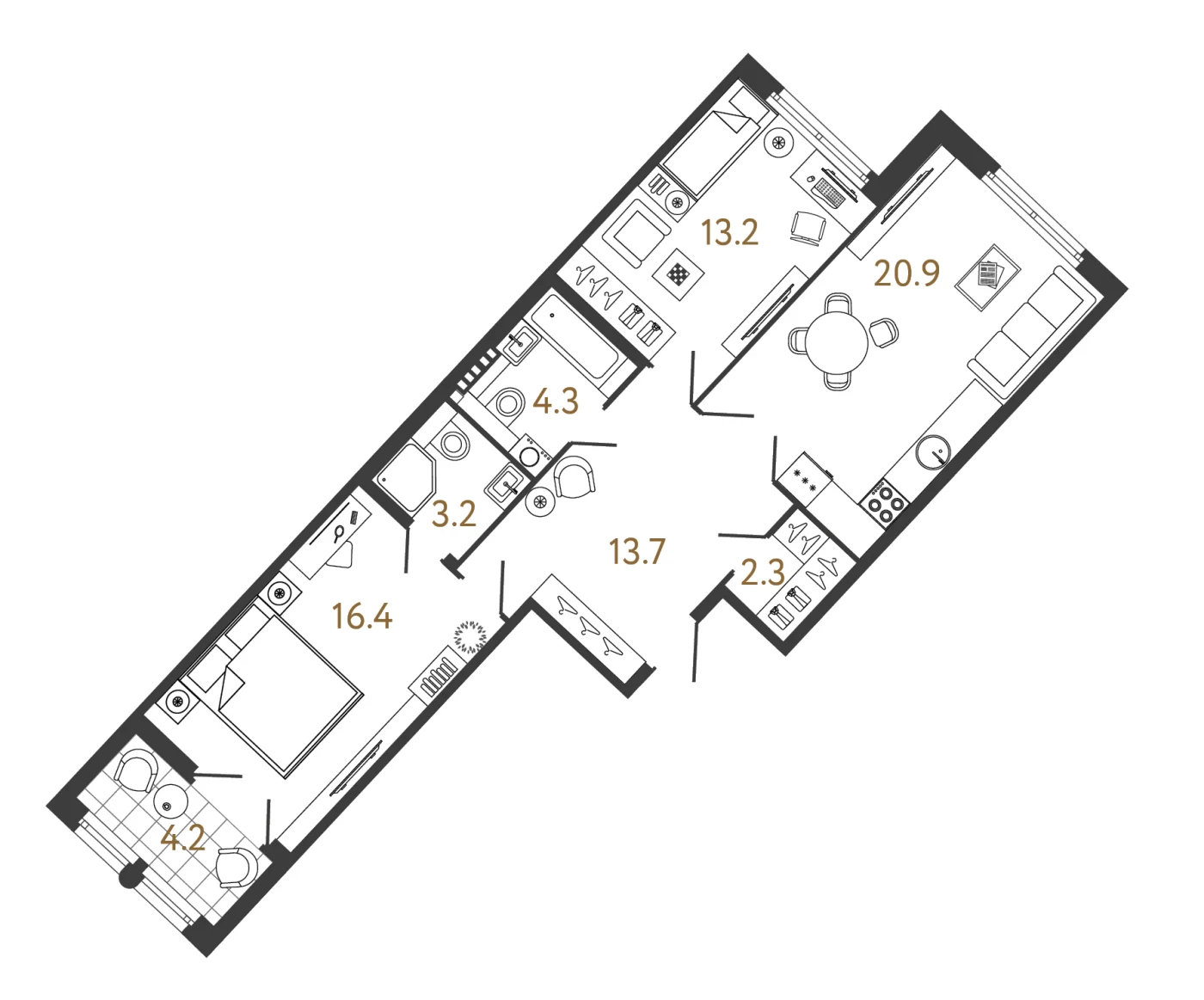 Планировка 2-комнатная 74 м² в клубном доме «МИРЪ» — Клубный дом «МИРЪ»