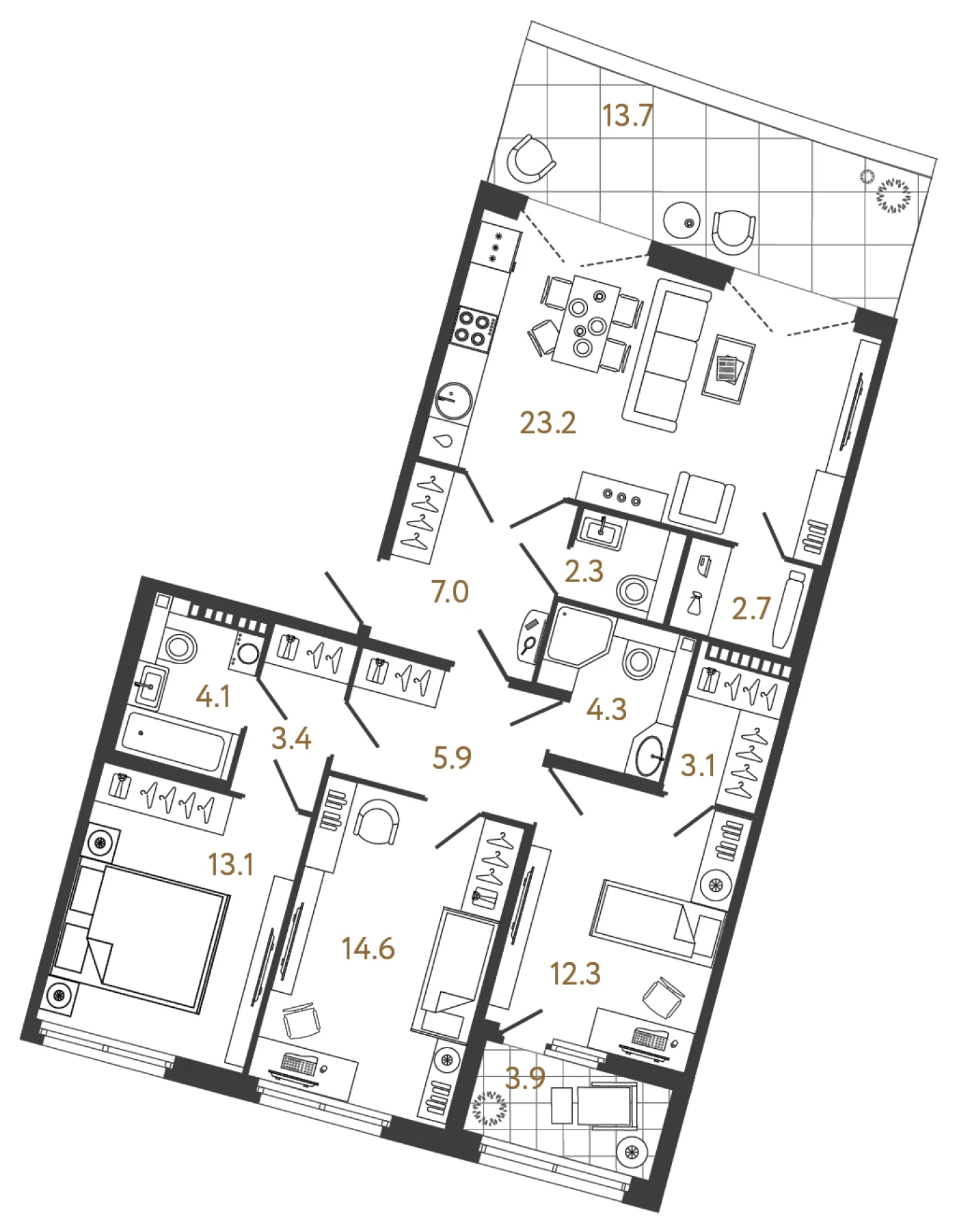 Планировка 3-комнатная 96 м² в клубном доме «МИРЪ» — Клубный дом «МИРЪ»