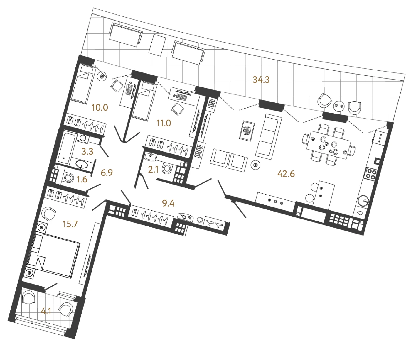 Планировка 3-комнатная 102,6 м² в клубном доме «МИРЪ» — Клубный дом «МИРЪ»