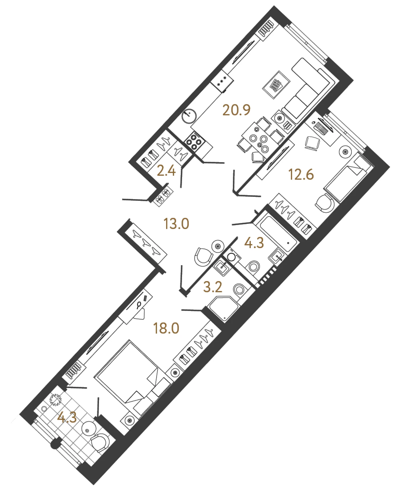 Планировка 2-комнатная 74,4 м² в клубном доме «МИРЪ» — Клубный дом «МИРЪ»