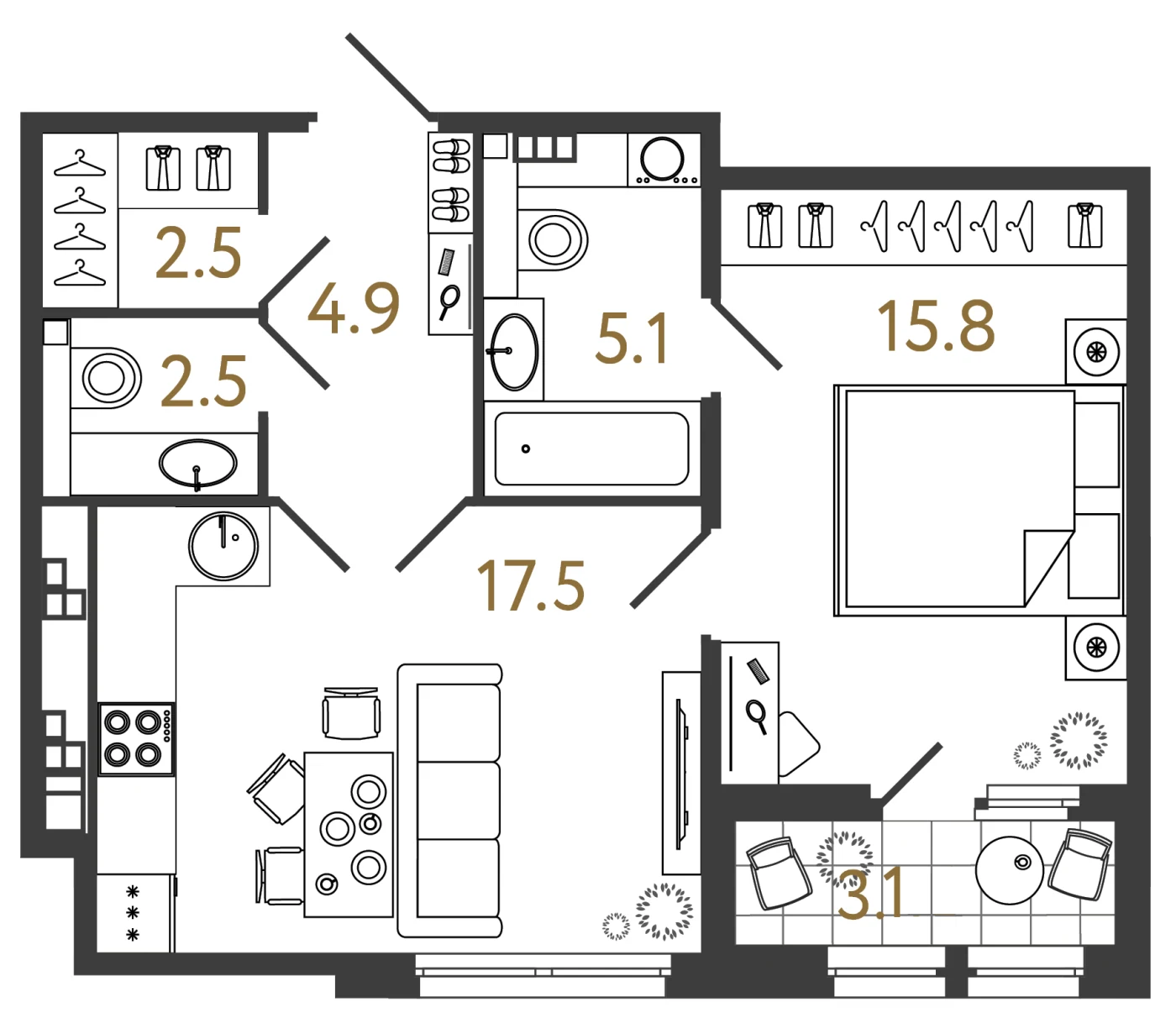 Планировка 1-комнатная 48,3 м² в клубном доме «МИРЪ» — Клубный дом «МИРЪ»